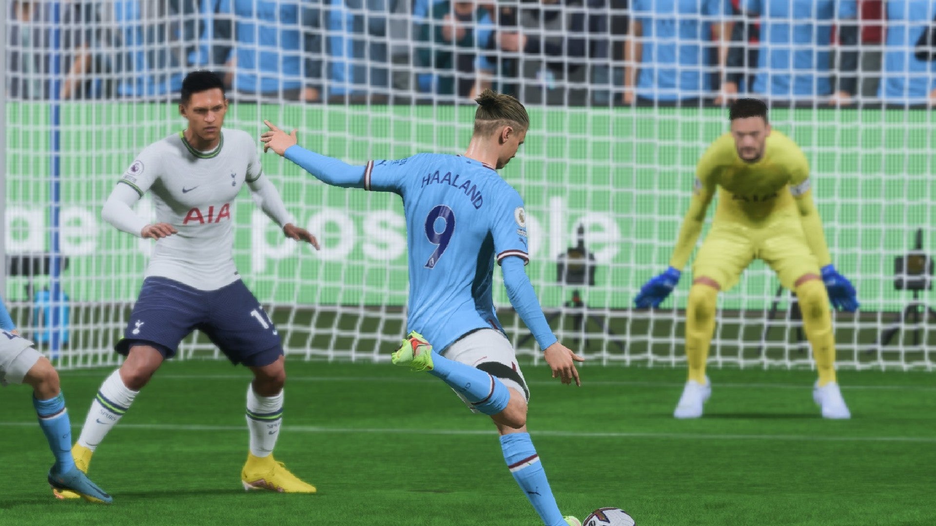 Erling Haaland taking a shot against Tottenham Hotspur in FIFA 23
