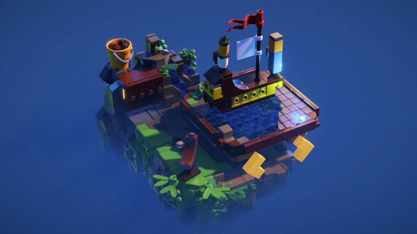 A screenshot from Lego Builder's Journey showing a minifig aboard a ship