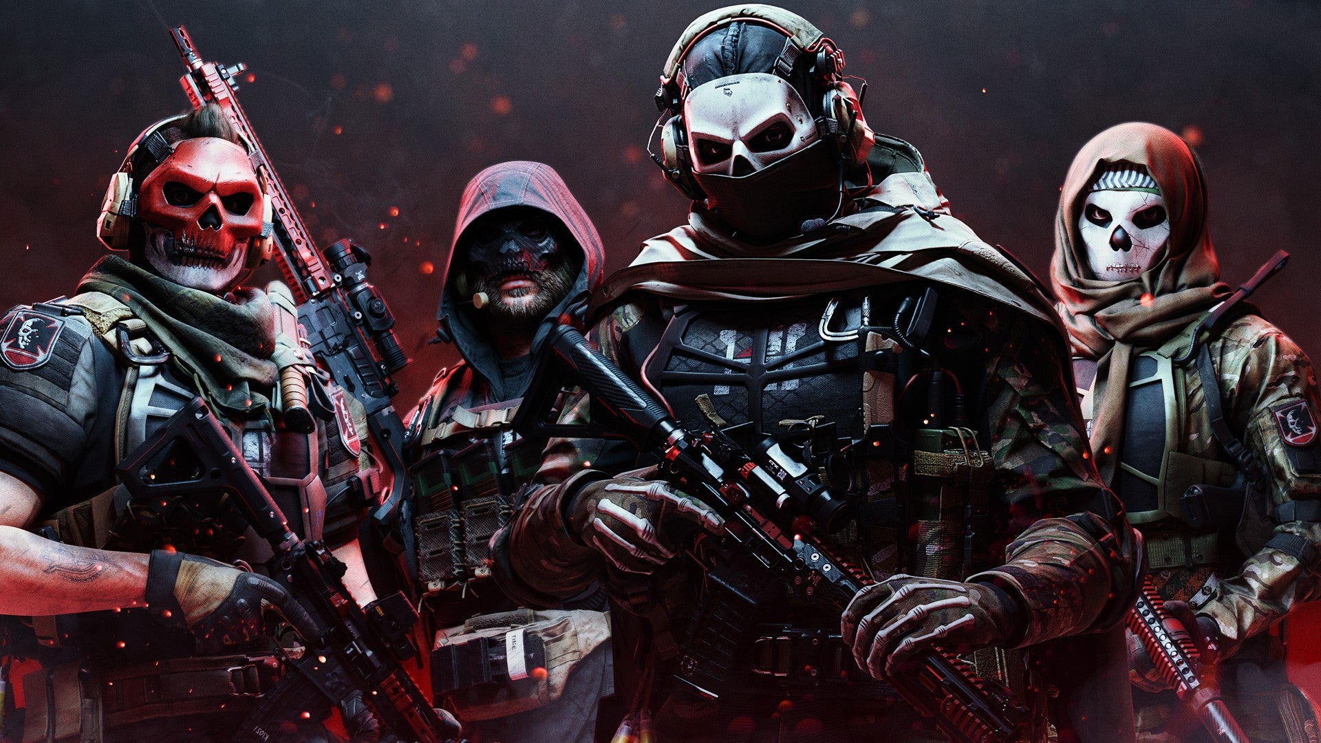 Ghost, Farah, Price, and Soap in the Red Team 141 vault edition skins, against a dark background with a red hue at the bottom.