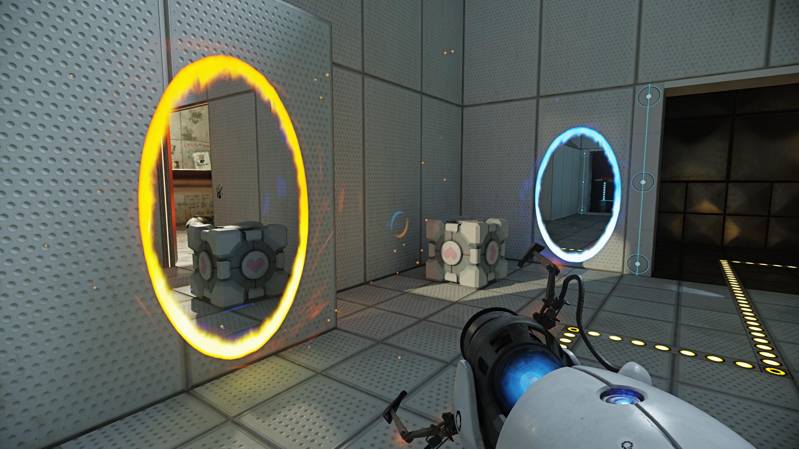 The Weighted Companion Cube sits between two portals in Portal with RTX.