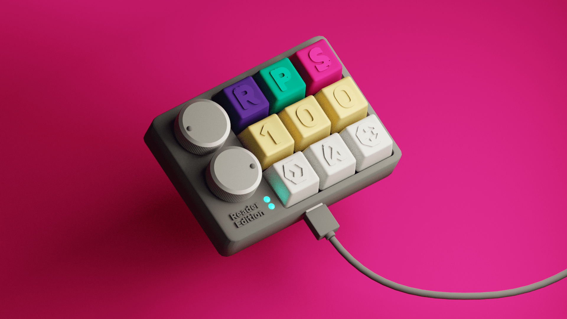 A macro keypad on a pink background for the RPS 100 Reader Edition