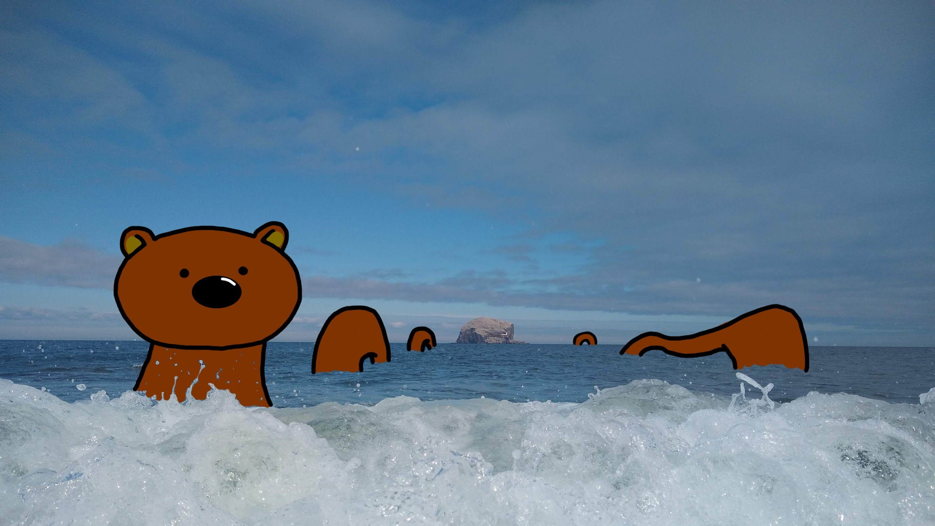 A seaside scene with Horace the endless brown bear looping in and out of the water