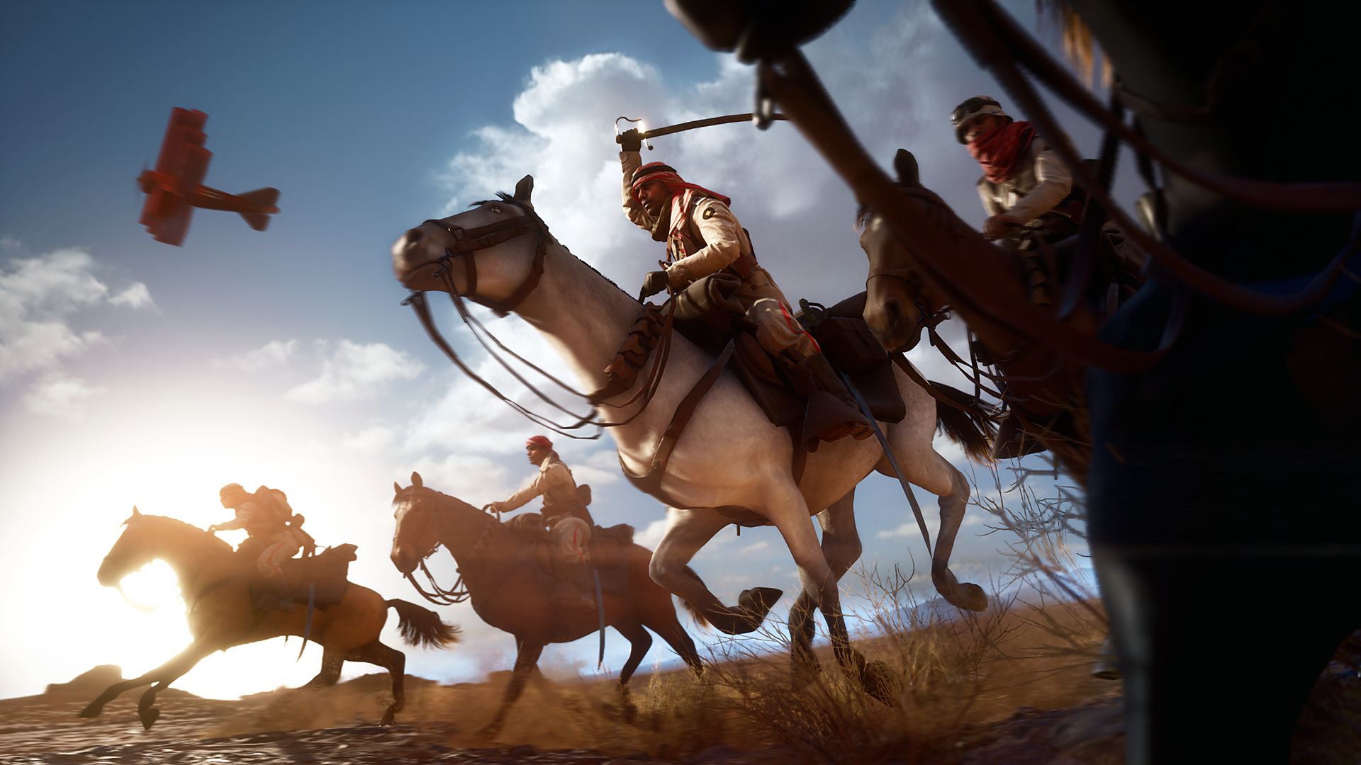 A screenshot of horsies running across a battlefield in Battlefield 1.