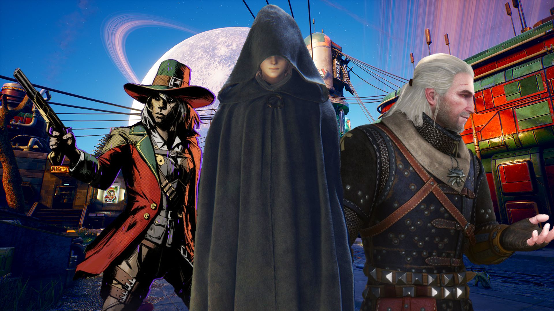 A composite image of a gunslinger from Weird West, a mysterious hooded woman, and Geralt of Rivia from The Witcher, standing against he backdrop of a spacer settlement in The Outer Worlds