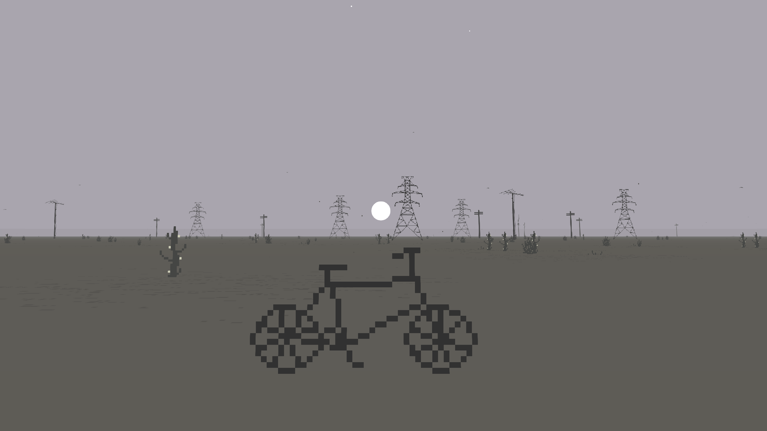 A bicycle stands in a grey desert full of pylons and antenna in a Bird Snapper screenshot.