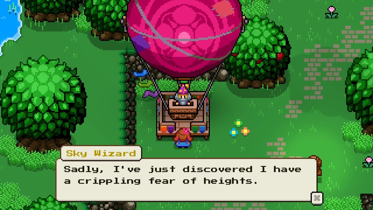 A wizard in Blossom Tales 2 takes to the sky in a hot air balloon, but says he's just realised he's afraid of heights