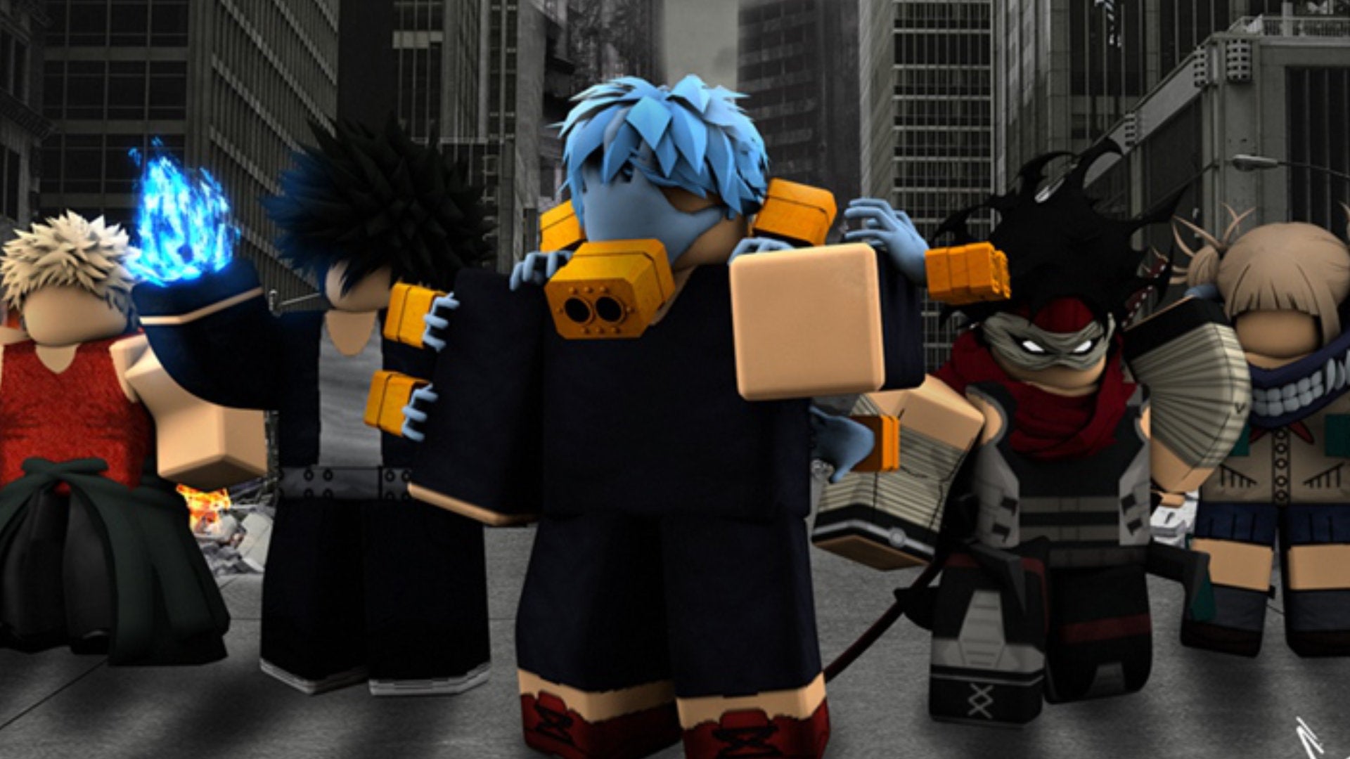 Promotional art for Roblox game Boku No Roblox, showcasing a group of characters standing in a line facing the camera.