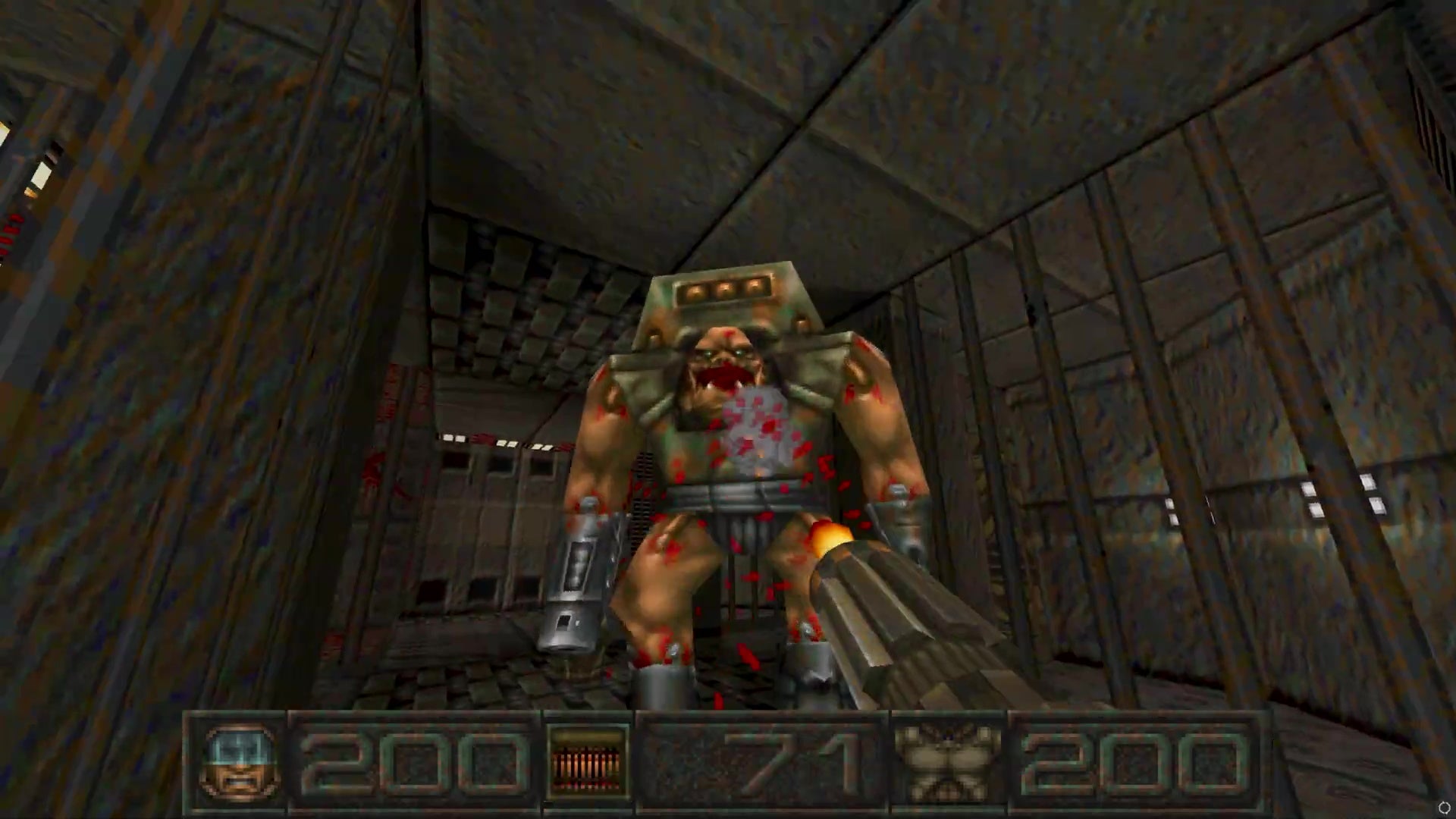 The player fires a minigun at a massive cyborg-ogre in Chasm: The Rift.