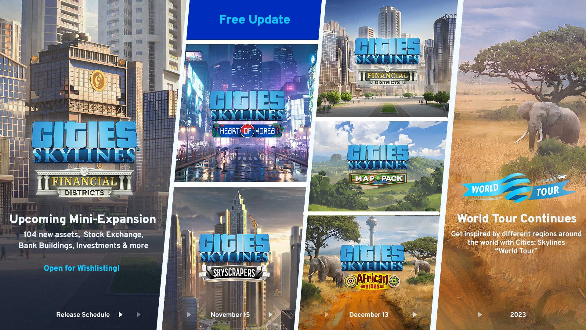 A release schedule for Cities: Skylines World Tour updates.