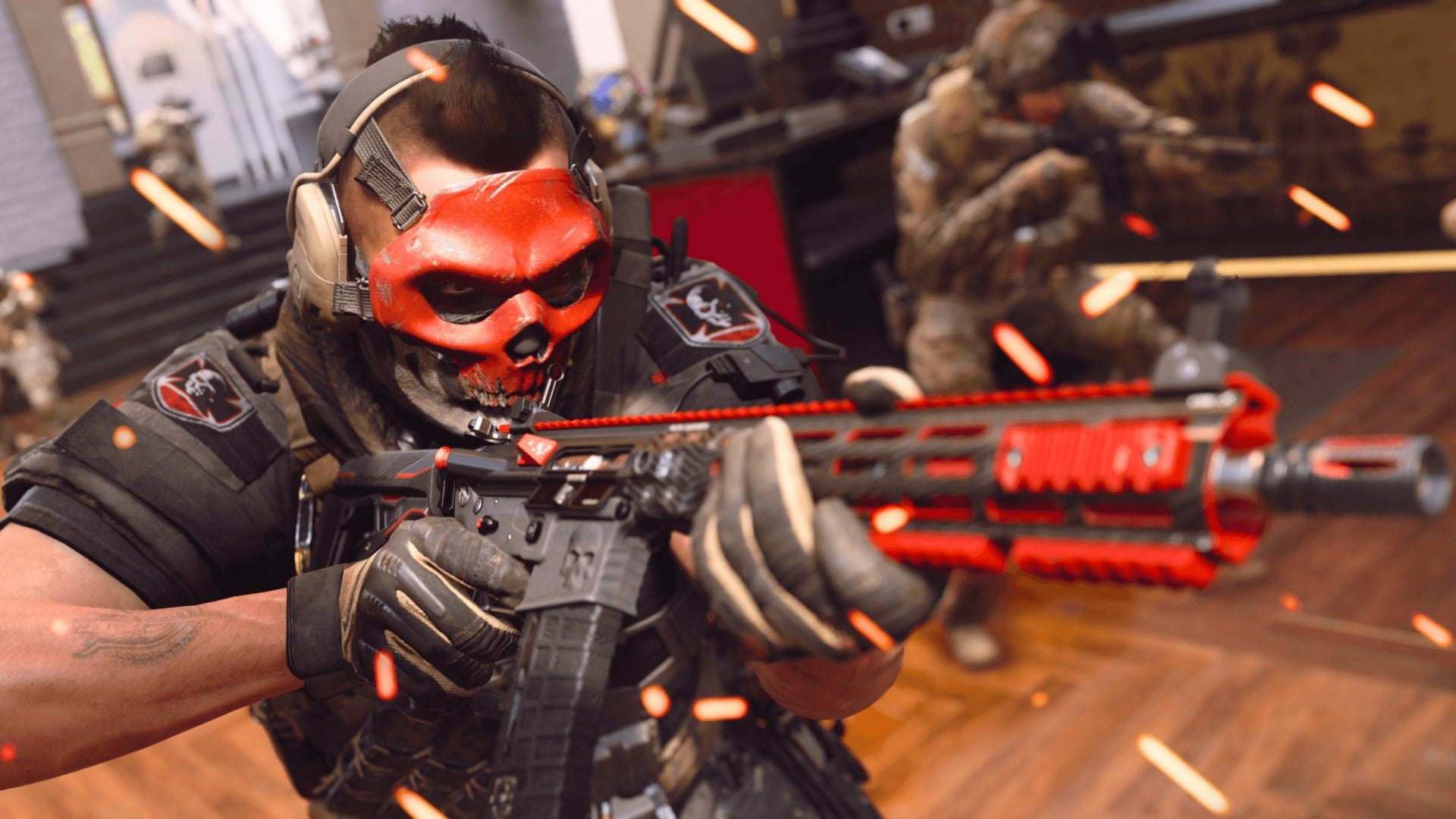 A soldier wearing a red skull mask aims a red M4 assault rifle in Call Of Duty: Modern Warfare 2.