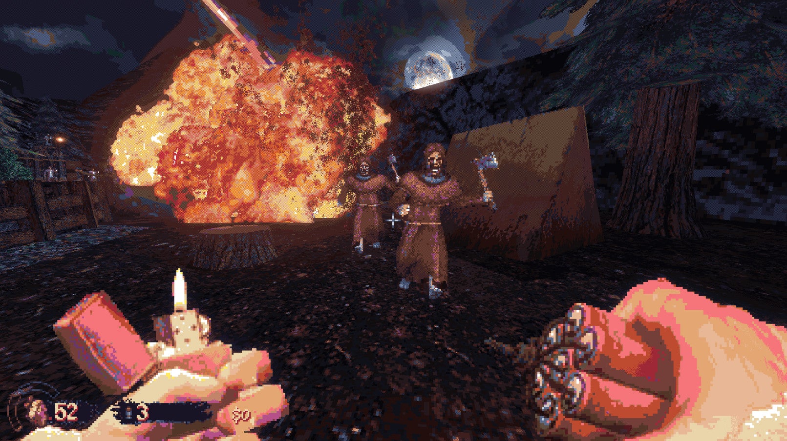 Two cultists run away from an explosion caused by the player's dynamite.