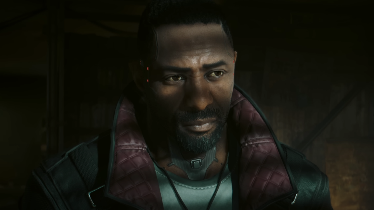 Idris Elba stares wistfully at something offscreen in Cyberpunk 2077's Phantom Liberty expansion