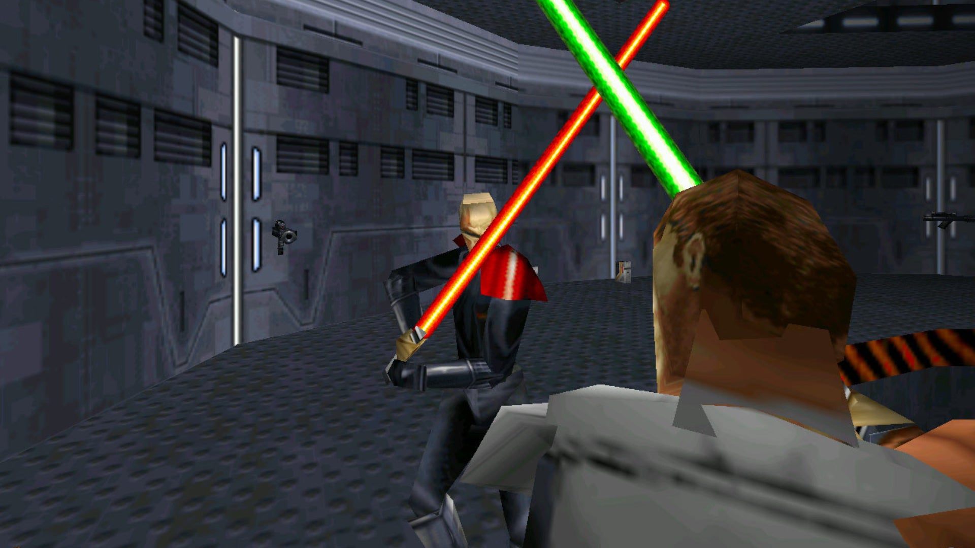 Kyle Katarn crosses lightsabers with Jerec in Star Wars: Jedi Knight - Dark Forces II.
