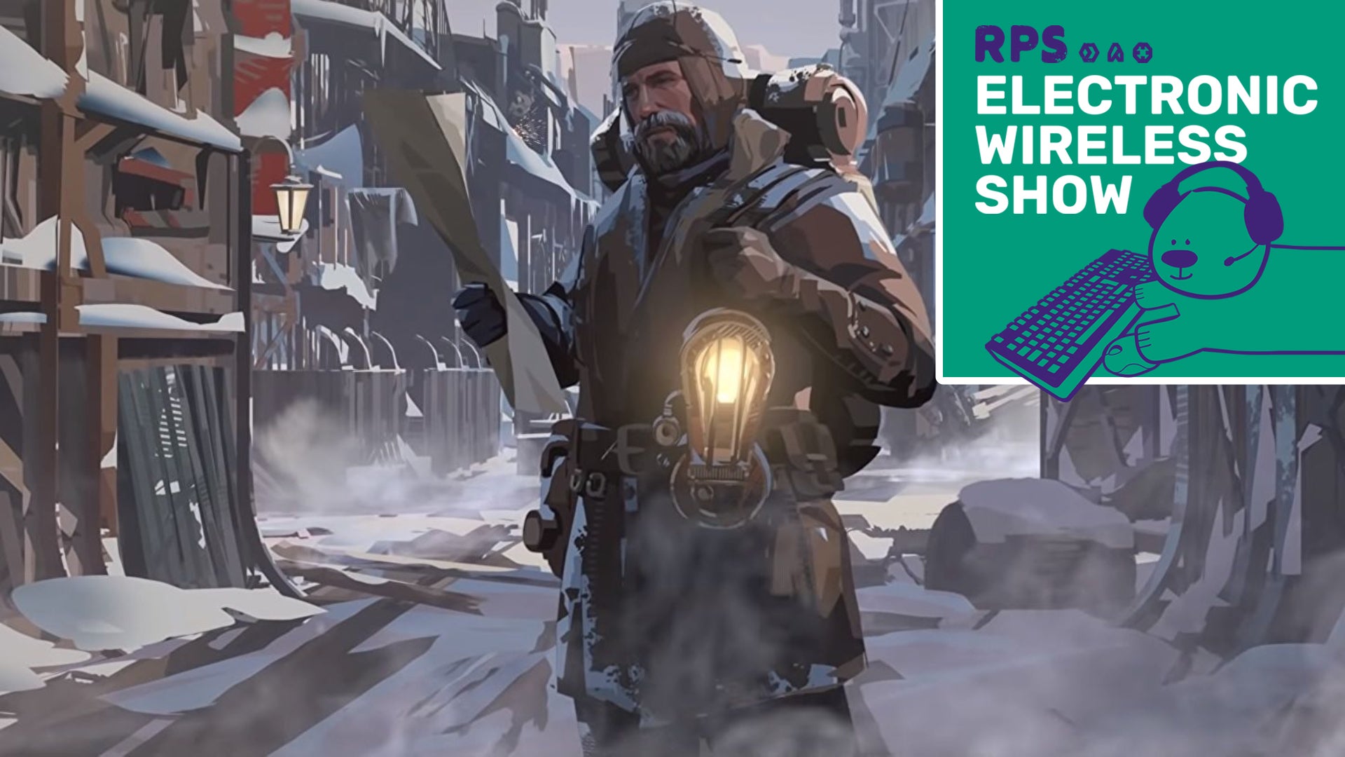 A screenshot of art for Frostpunk showing a man, heavily wrapped up against the cold, standing in a snowy street and holding a lantern. The Electronic Wireless Show Podcast is superimposed on the top right of the image.