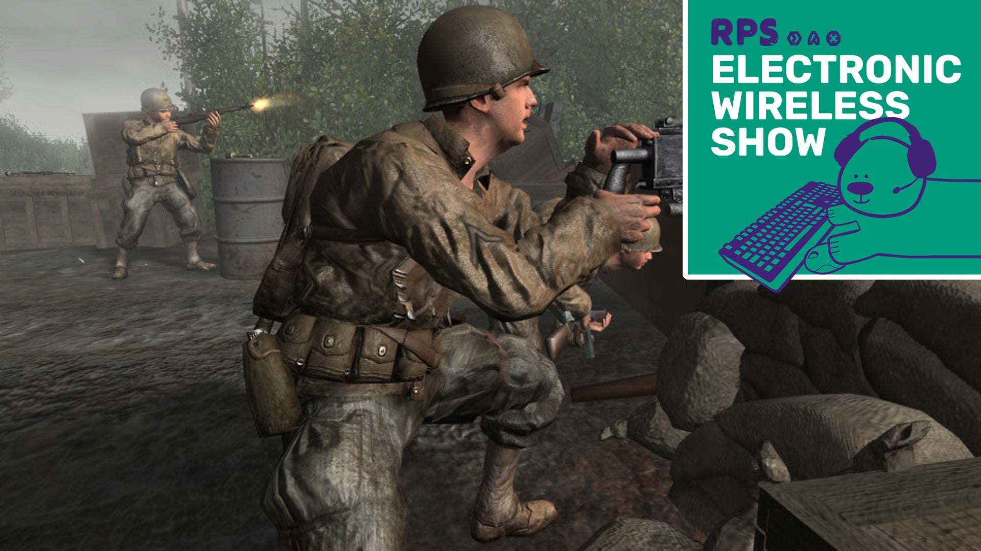 A soldier in Call Of Duty 2 crouched and shooting a mounted machine gun with the Electronic Wireless Show podcast log in the top right