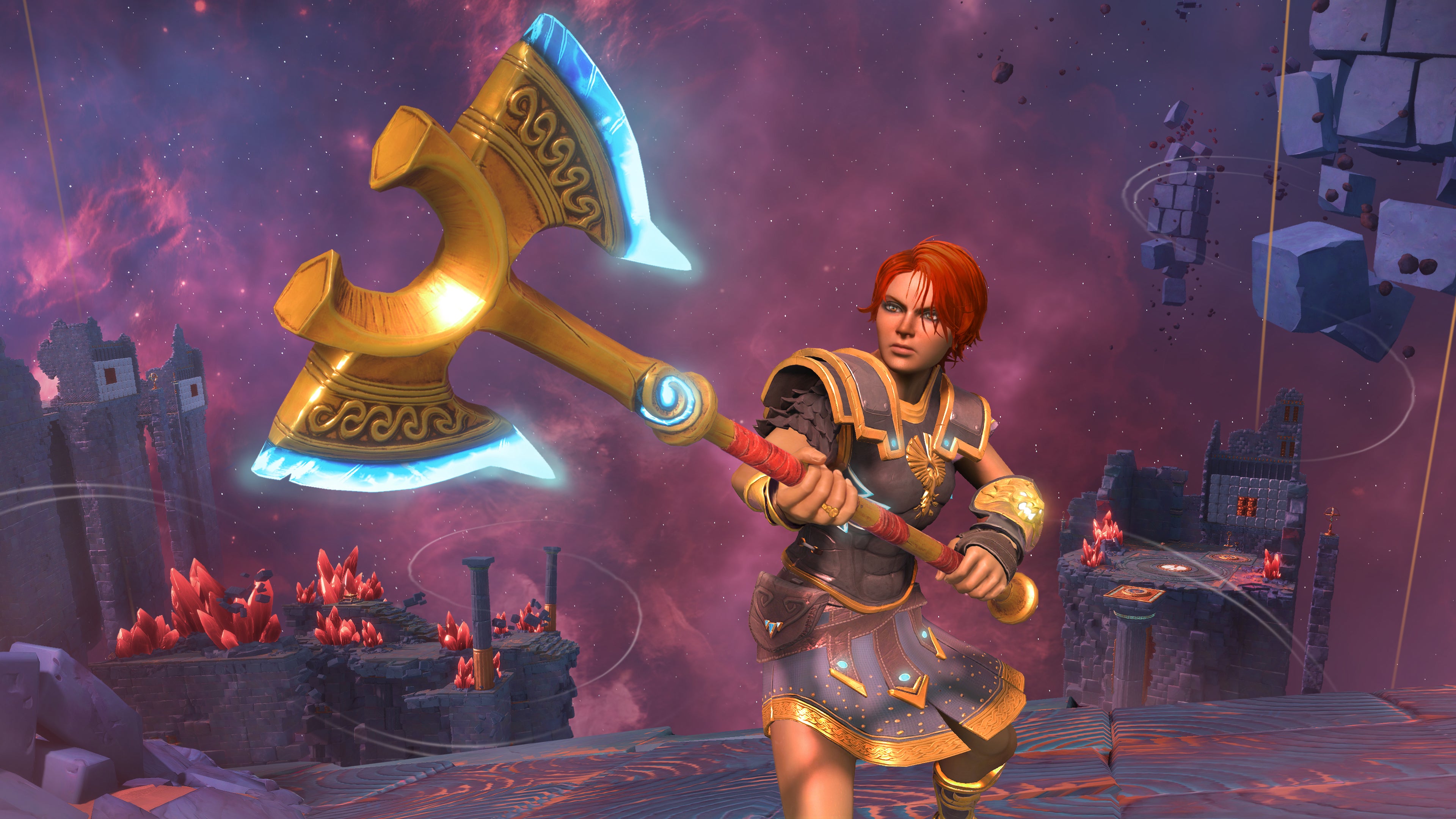 Fenyx wields a two-handed axe in front of the camera in Immortals Fenyx Rising.