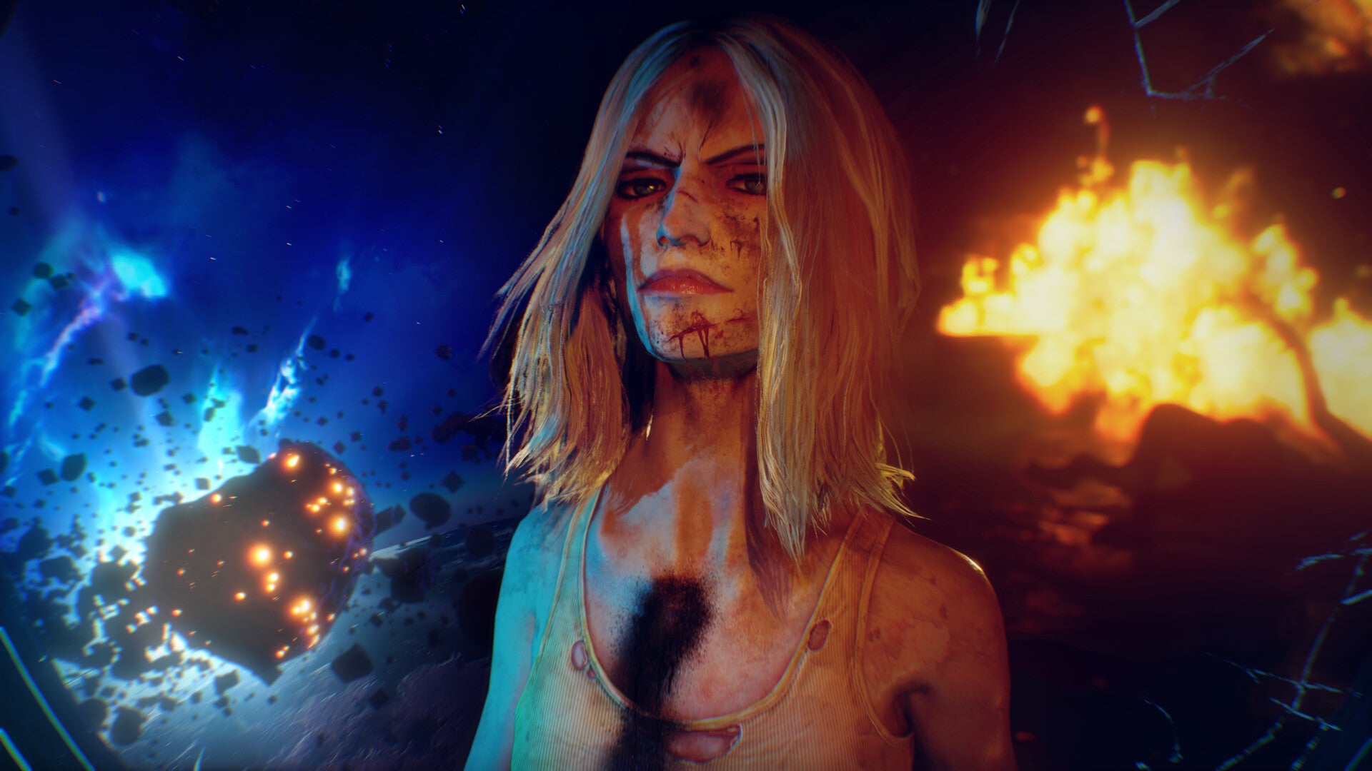 An image of Judas, titular main character of upcoming action RPG from Ghost Story Games. Judas is a blonde white woman covered in bruises and cuts, looking into a mirror as what appears to be an asteroid approaches the burning ship she's standing in