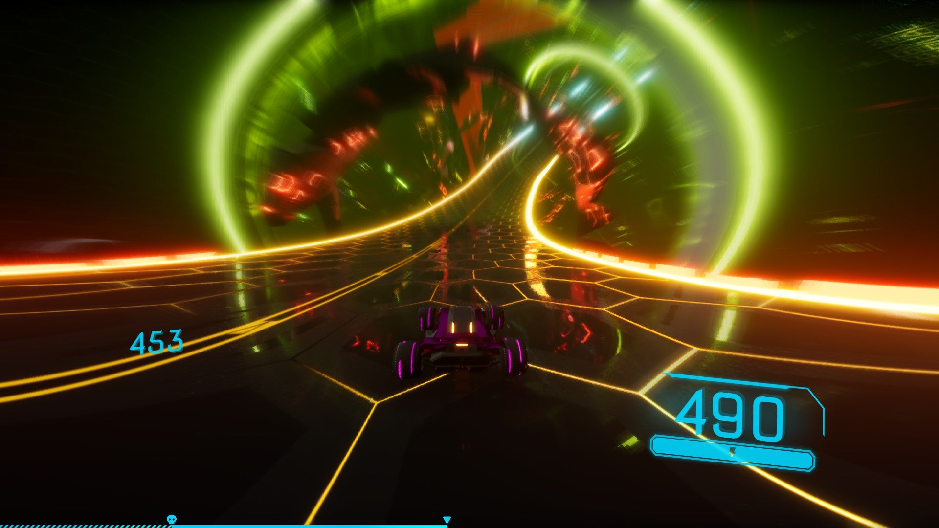 The car in Neodash races along a dark track surrounded by orange and green neon lights