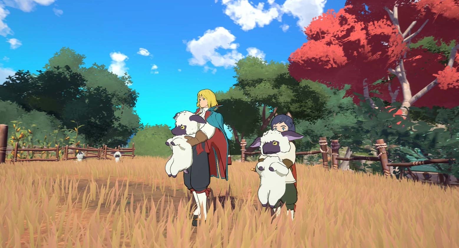 A screenshot of Ni no Kuni: Cross Worlds showing two player characters holding fantasy sheep-like creatures.