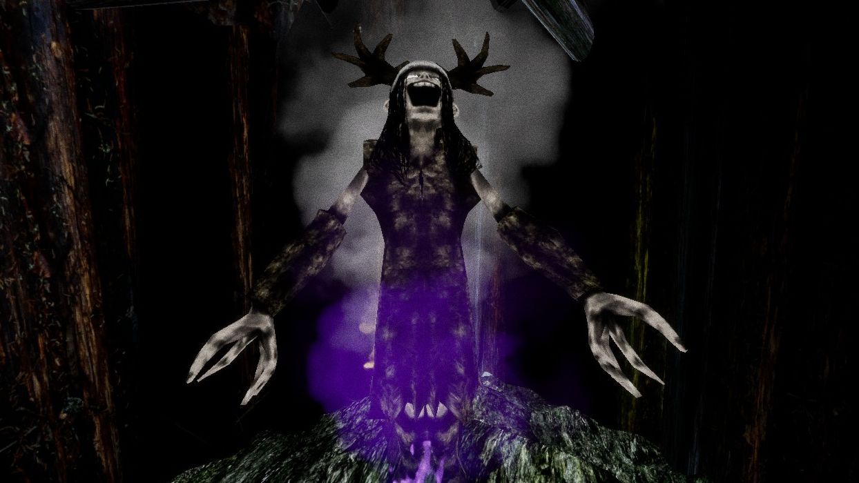 A strange and frightening figure, lit in purple, with long claws and antlers, throws back its head and laughs in Northern Journey