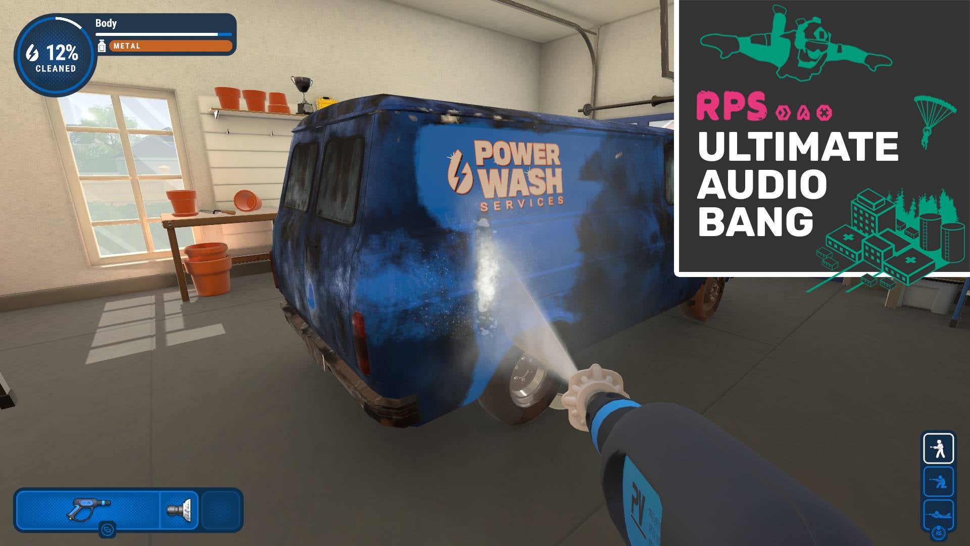 Powerwashing a powerwashing company van in a PowerWash Simulator screenshot, with added Ultimate Audio Bang logo in the top right.