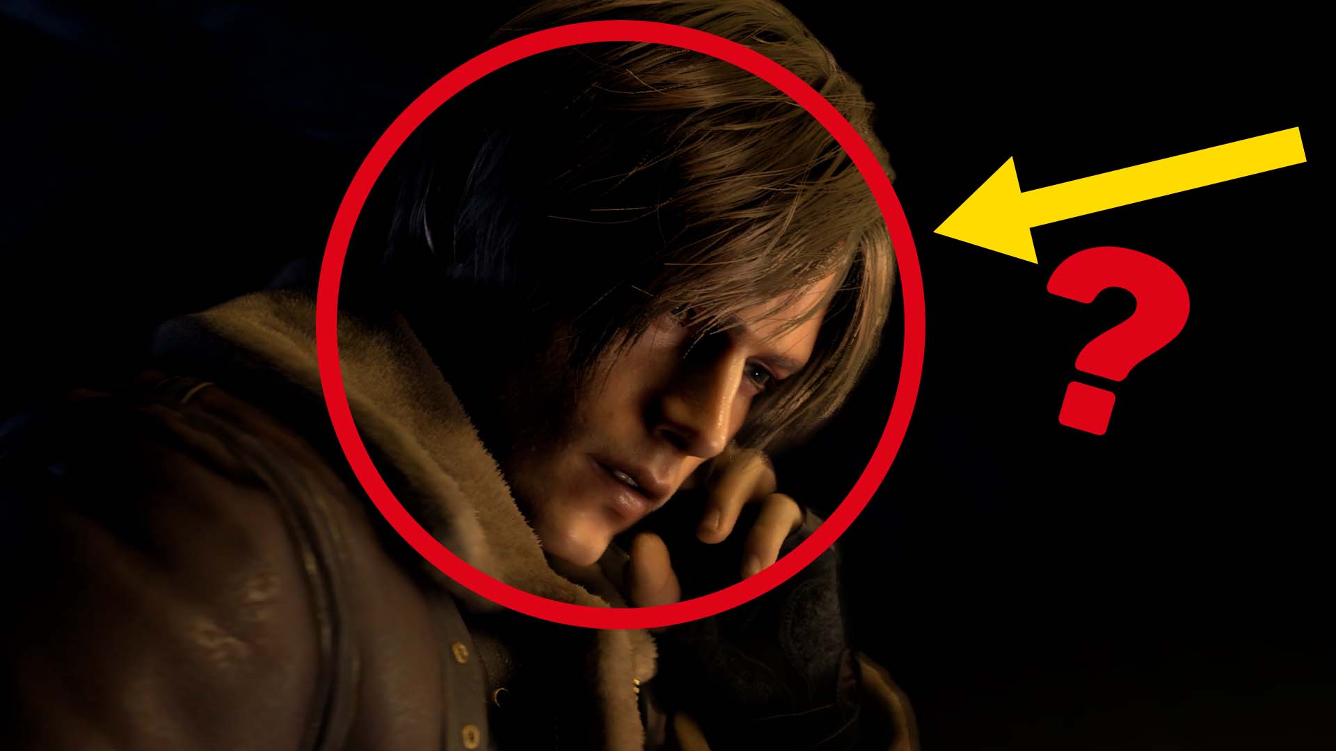 Leon from Resident Evil 4, with a big red circle around his face and a yellow arrow pointing at it. You know. Like YouTube thumbnails?