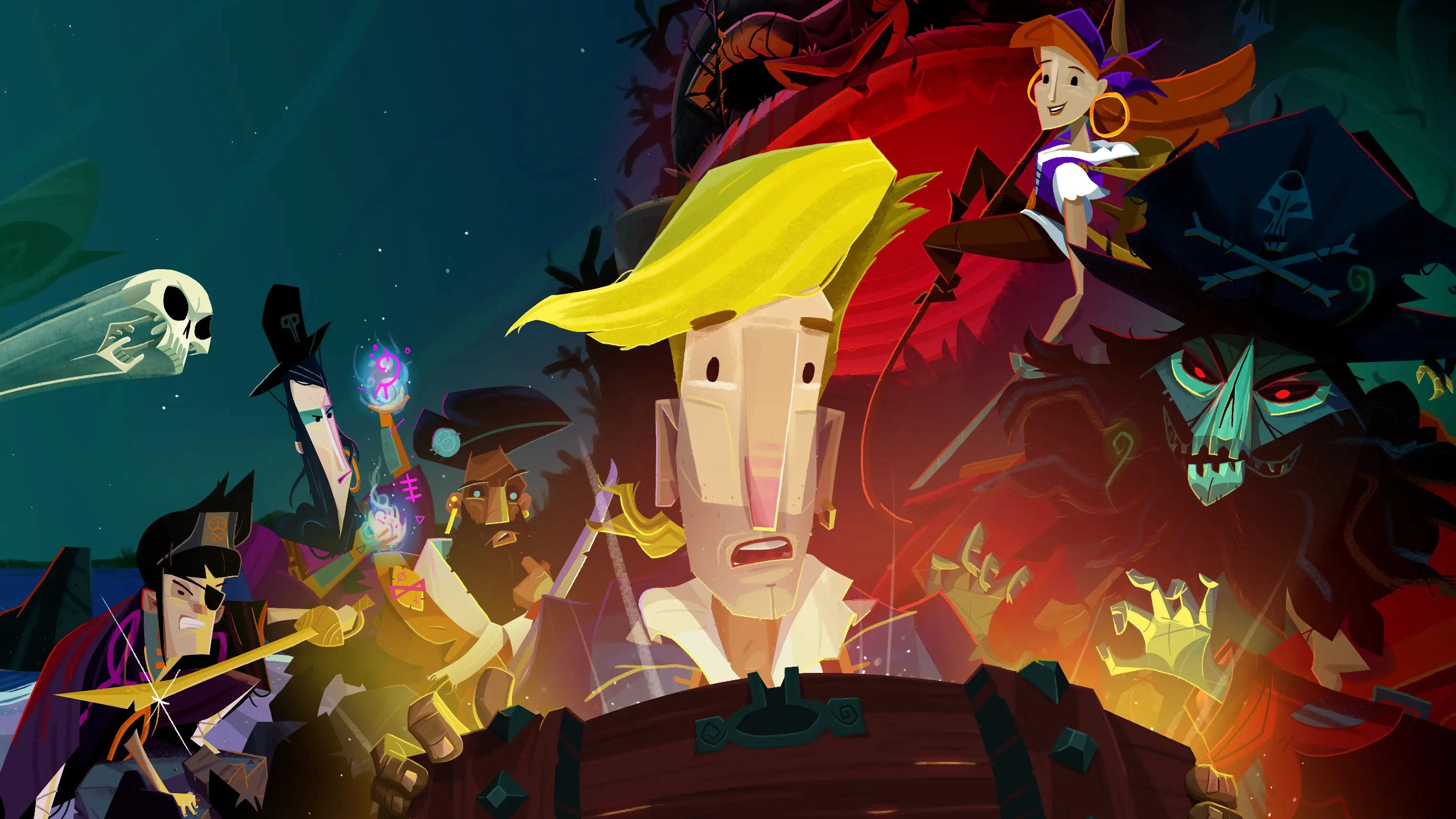 The cast of Return to Monkey Island cluster round Guybrush Threepwood as he opens a treasure chest.