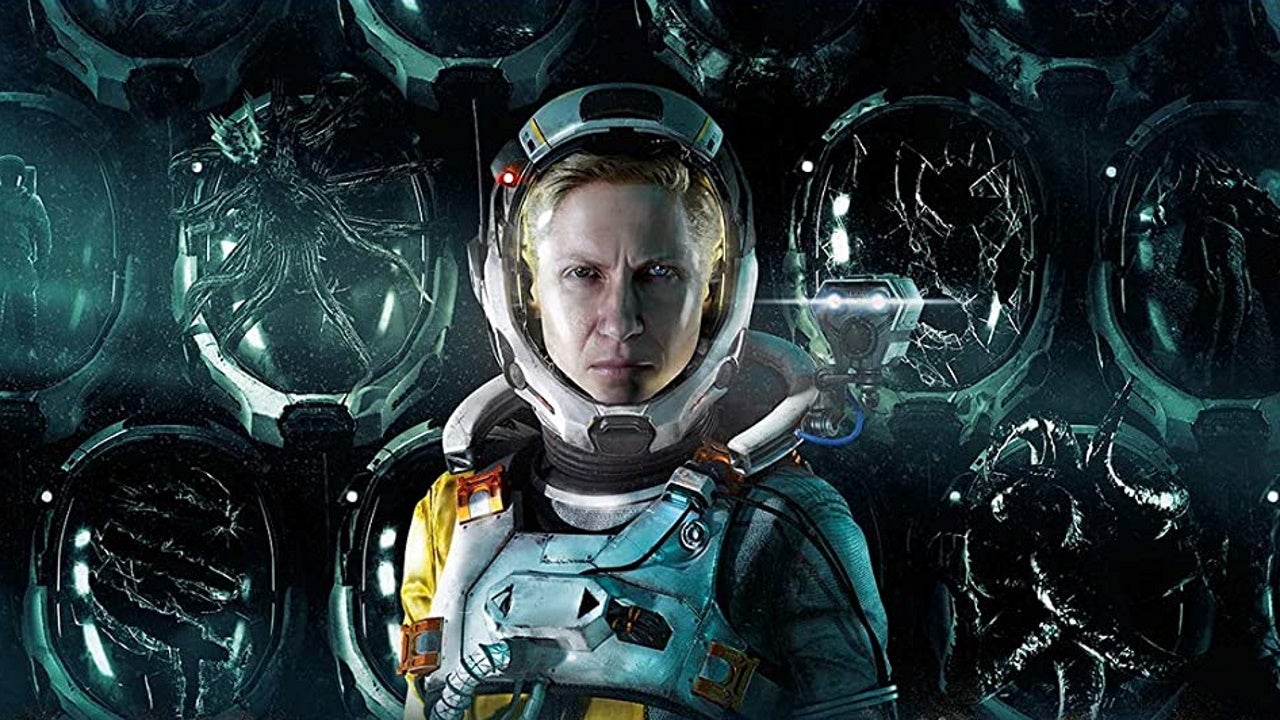 A woman in a space suit stares directly at the camera in artwork for Returnal