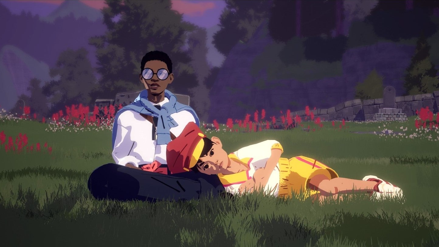 The main character of Season: A Letter To The Future sitting cross legged in a field, with a woman in a yellow uniform and red beret resting her head in her lap