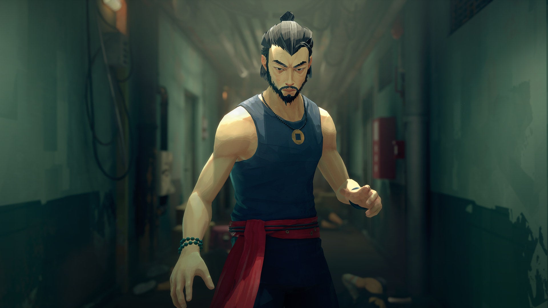 Our kung fu hero poses in a corridor strewn with bodies in a Sifu screenshot.