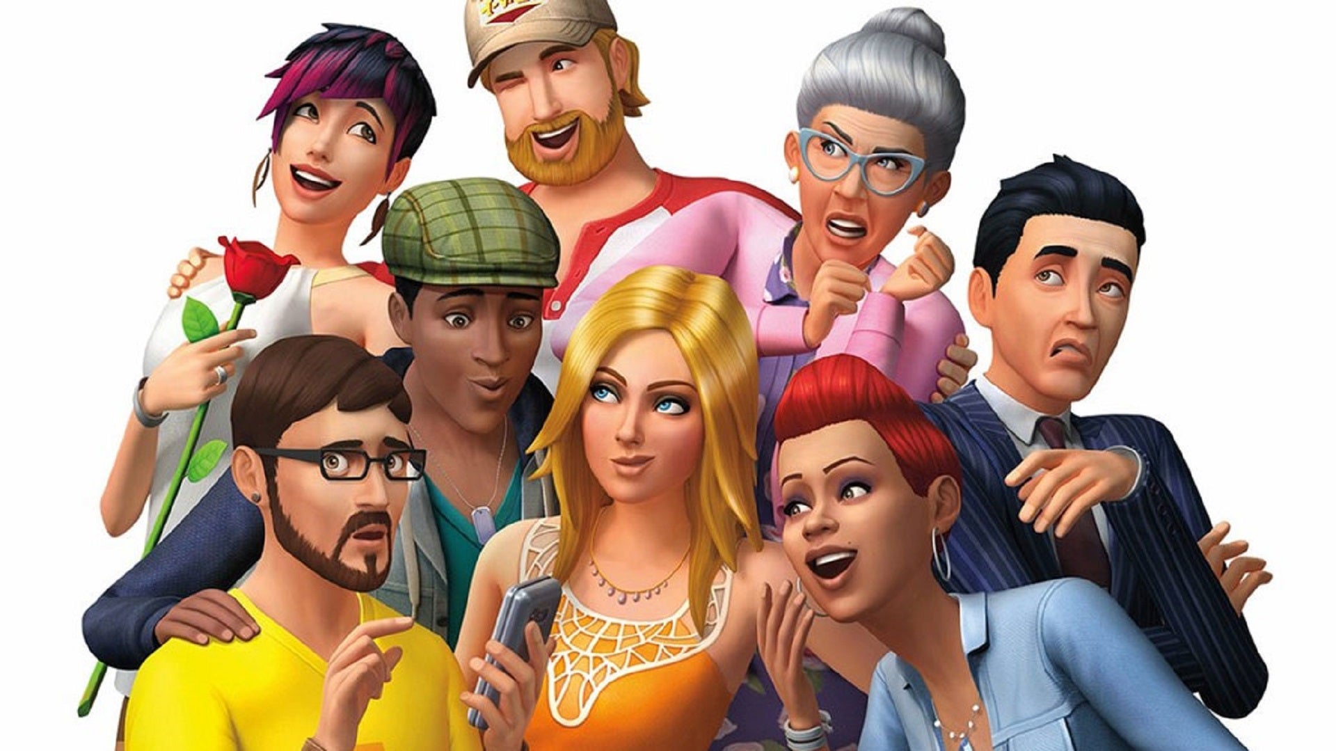 A group of Sims, from the original box art of The Sims 4.