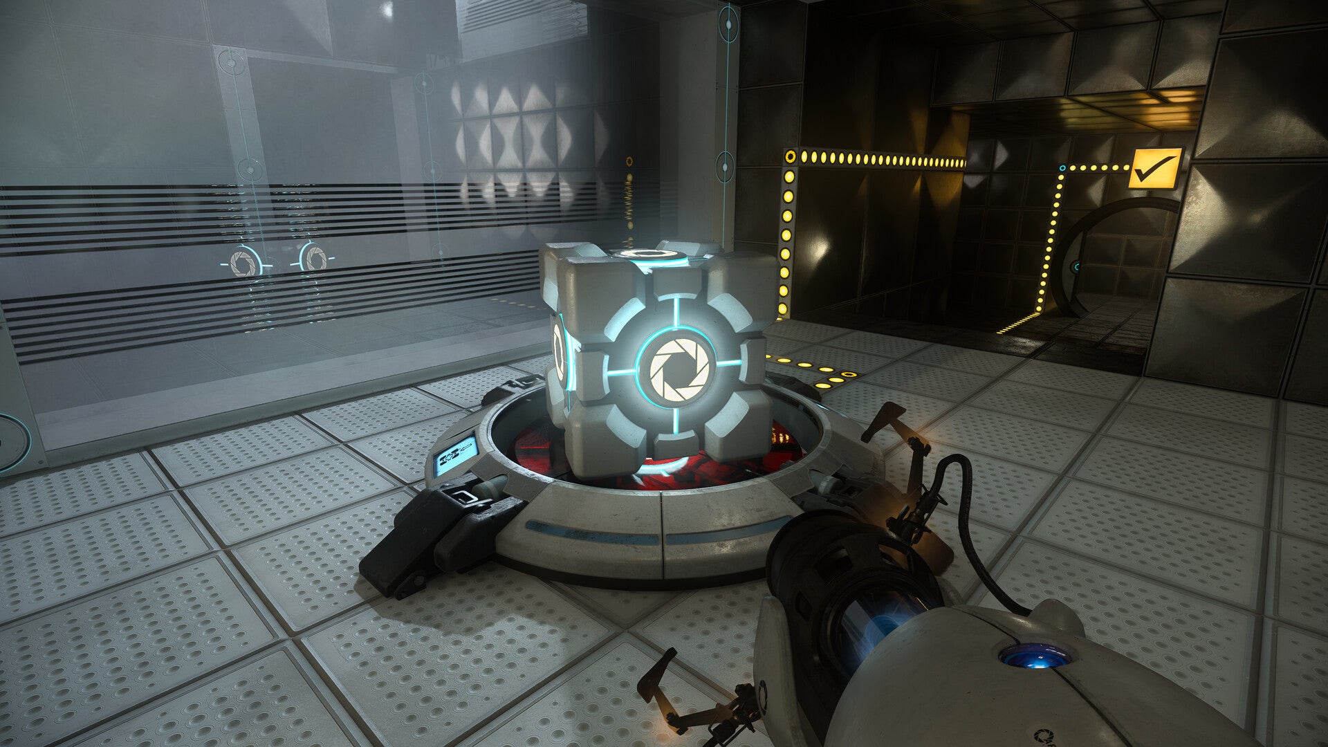 A Portal with RTX screenshot showing a weighted cube on top of a large button.