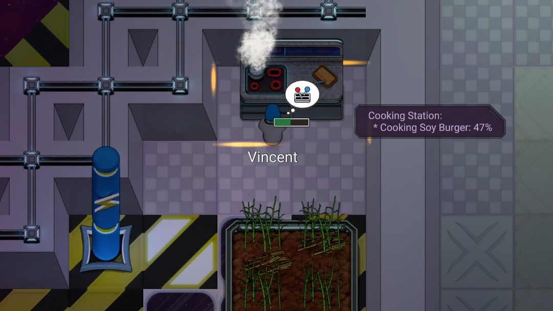 Vincent, a colonist in Stardeus, is cooking a soy burger at a cooking station on the ship
