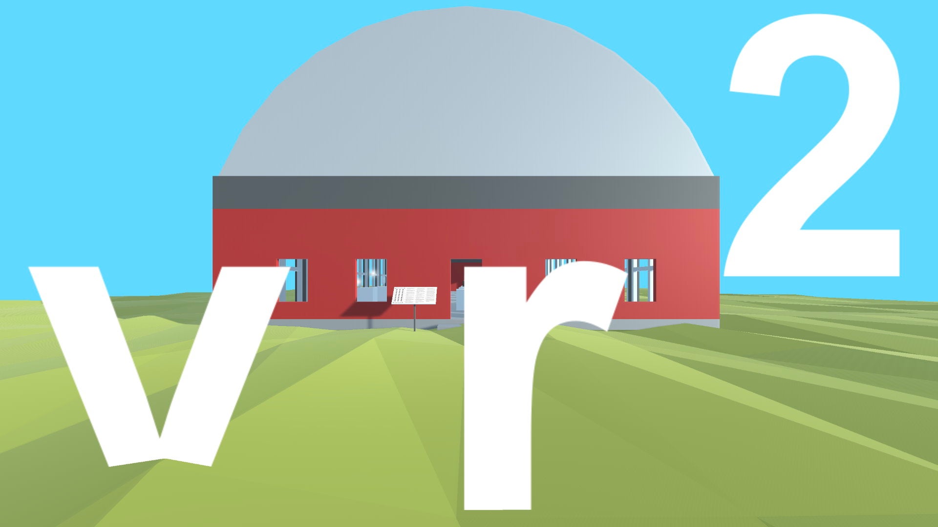 A domed red and grey exhibtion hall in a green field with the letters v r 2 in front of it.