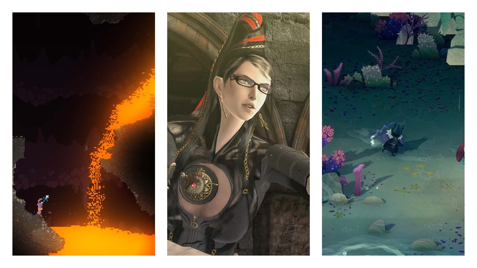 A composite image split into thirds. Left to right: a screen from Noita showing lava tumbling towards the witch, Bayonetta from Bayonetta, and the witch in Wytchwood ambling around the swamp