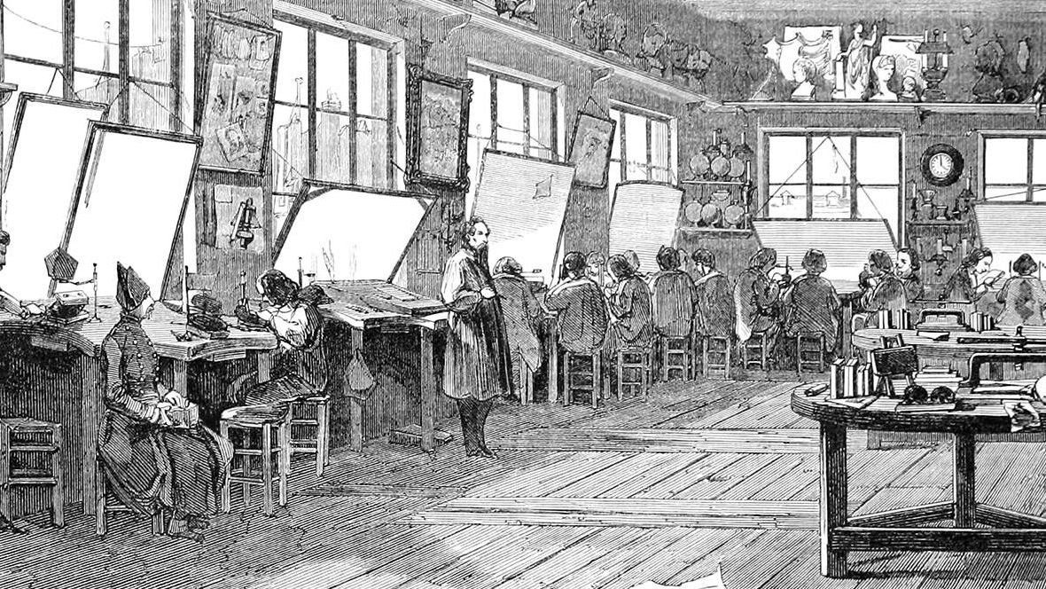 Illustration of the wood engraving workshop at the French newspaper L’Illustration during daylight hours showing the engravers at work next to the windows.