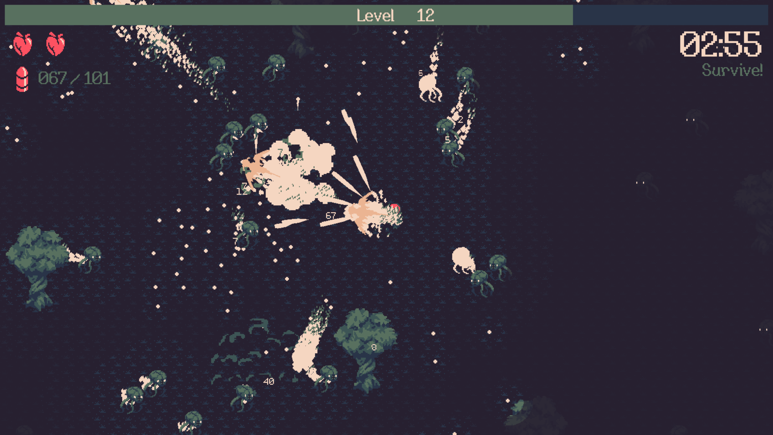 Blasting Lovecraftian horrors in a screenshot from top-down shoot 'em up 10 Minutes Till Dawn.