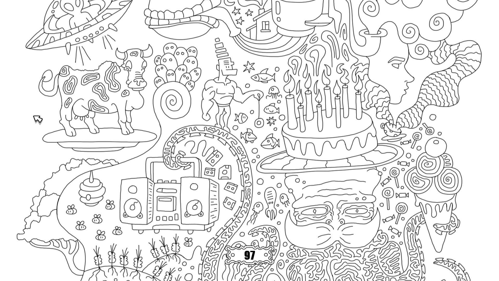 A psychedelic drawing with hidden snails in a 100 Hidden Snails screenshot.