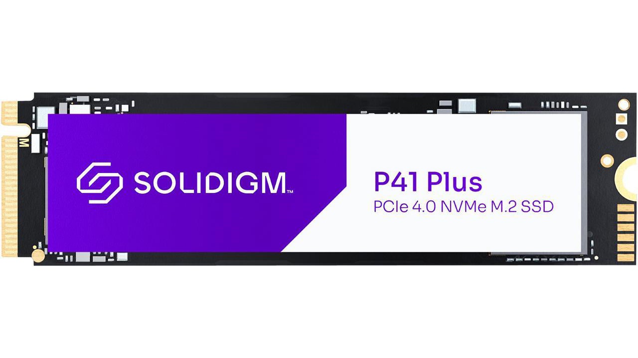 a solidigm p41 plus nvme ssd, capable of pcie 4.0 speeds, clad in a purple and white sticker.