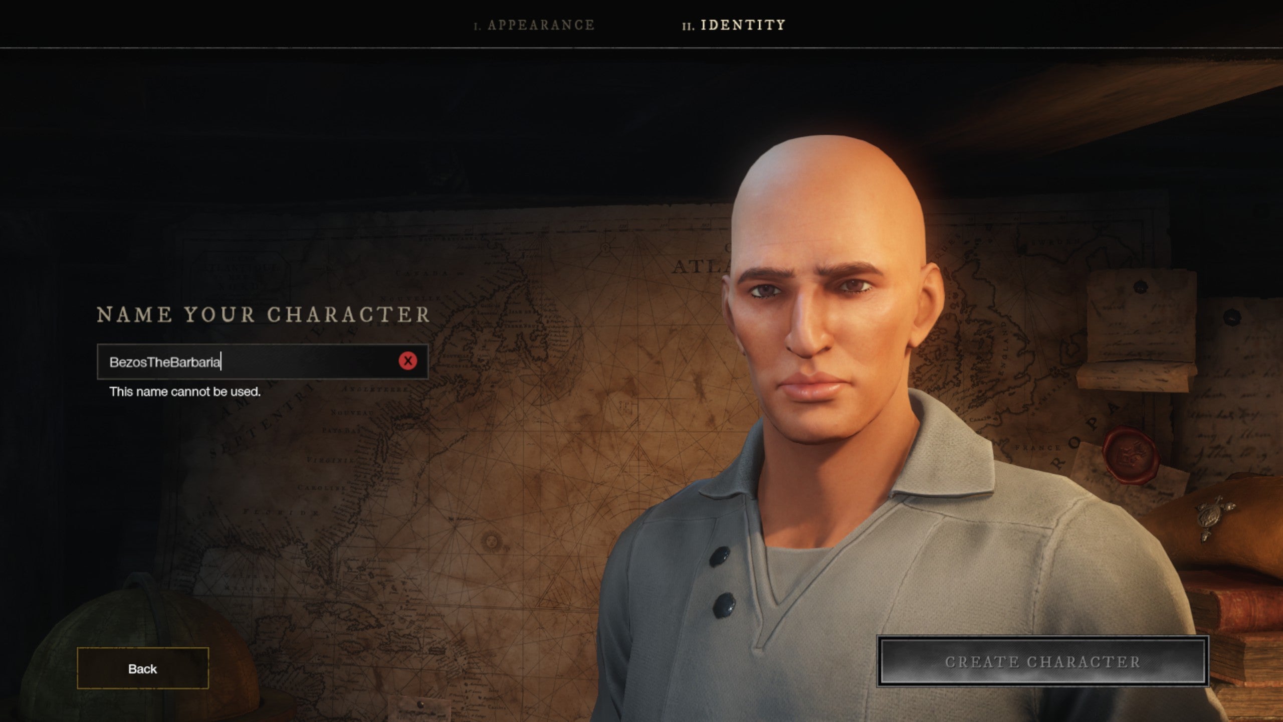 A screenshot showing the character creation name screen in New World, in which the player has attempted to name their character some variation of Jeff Bezos.