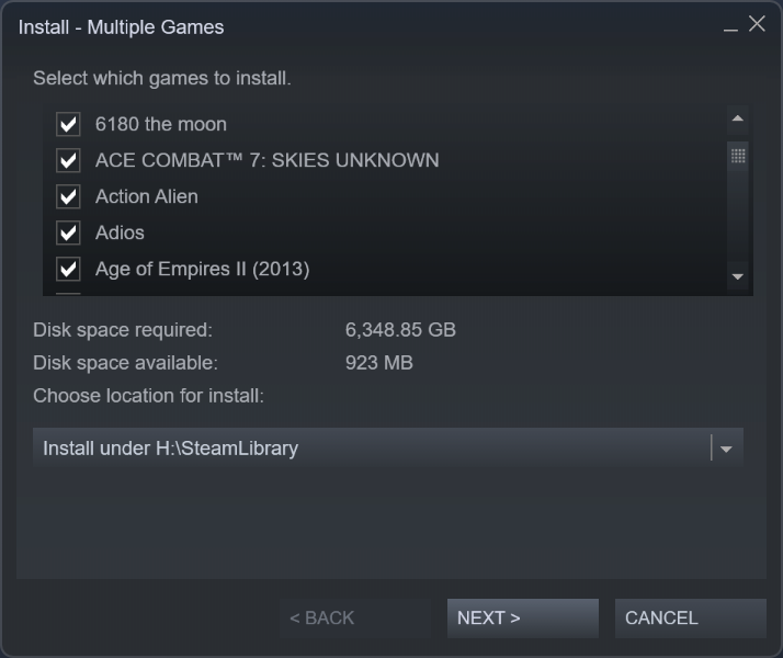 a screenshot showing 6,438GB of space required to install multiple steam games.