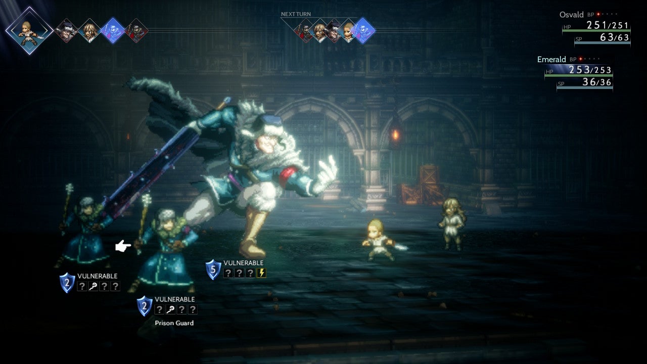 Warriors fight a large prison guard and their two lackeys in Octopath Traveler 2