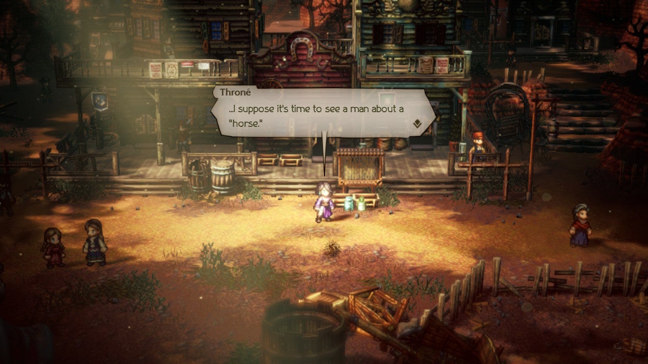 A woman in a purple dress stands outside a western-themed village in Octopath Traveler 2