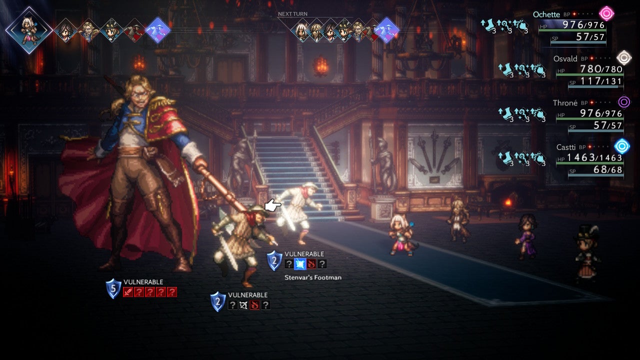 Warriors fight a grand swordsman and their minions in Octopath Traveler 2