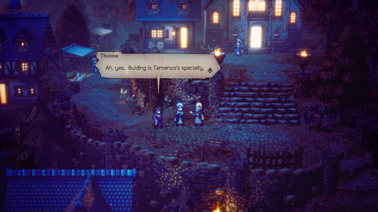 A thief and a cleric talk to an old man at night in Octopath Traveler 2