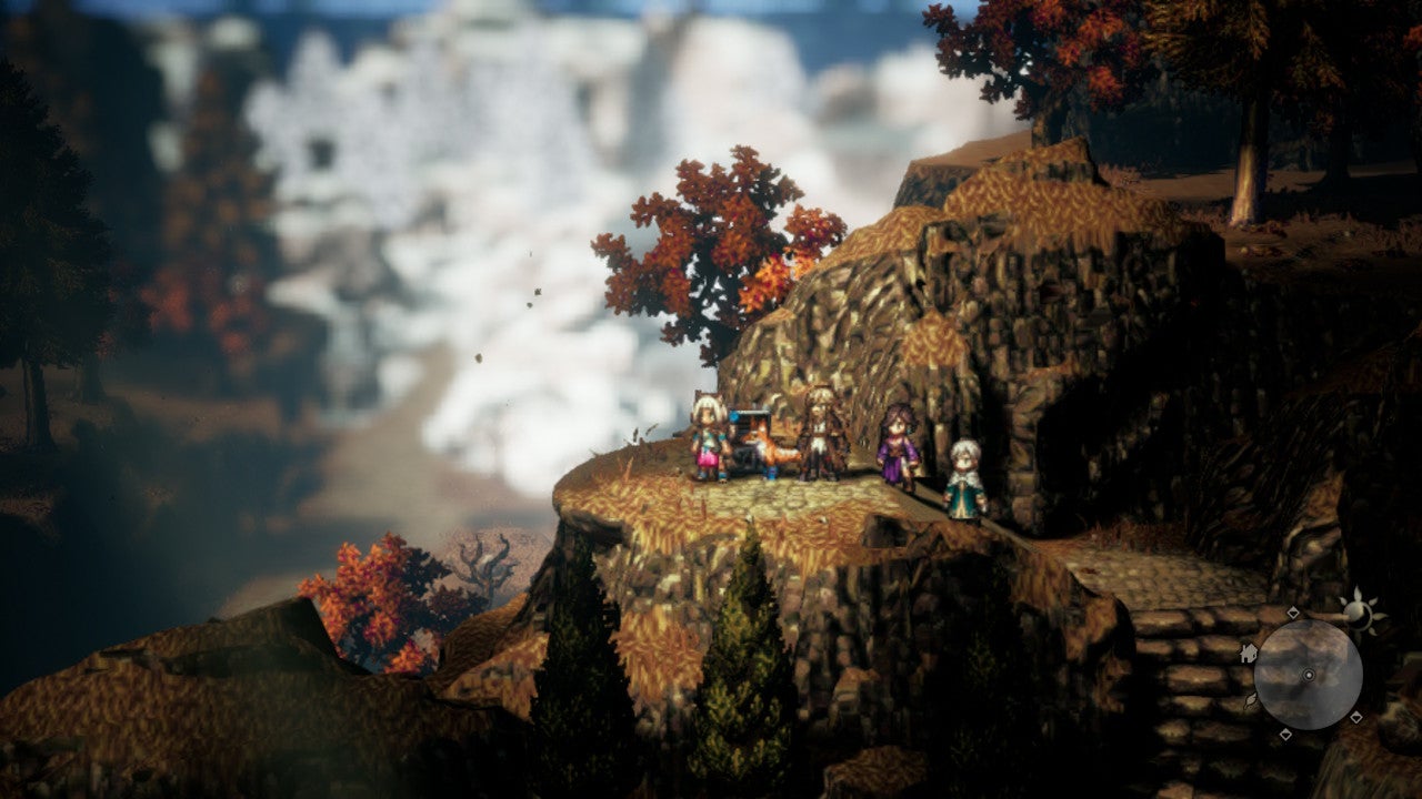 Warriors stand on top of a wooded hillside in Octopath Traveler 2