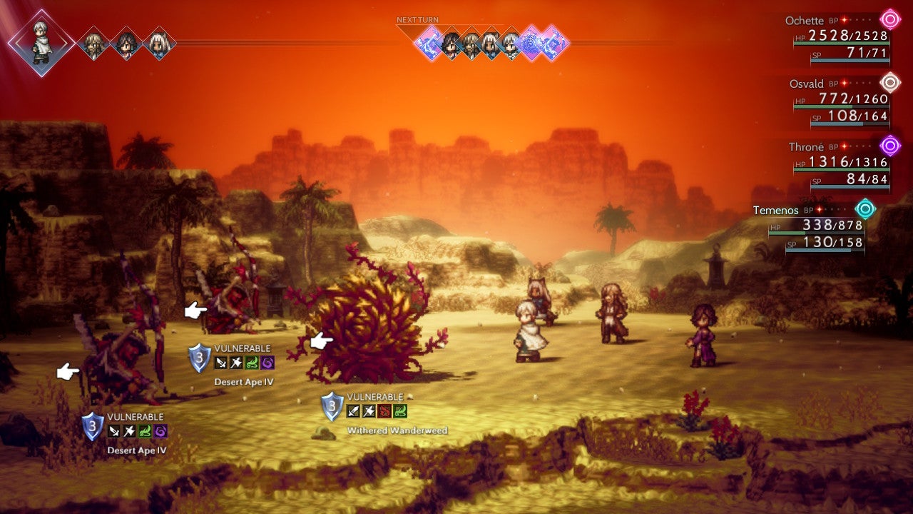 Warriors fight large tumbleweed monsters at sunset in Octopath Traveler 2