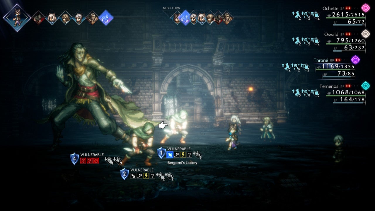Warriors fight a group of thieves in Octopath Traveler 2