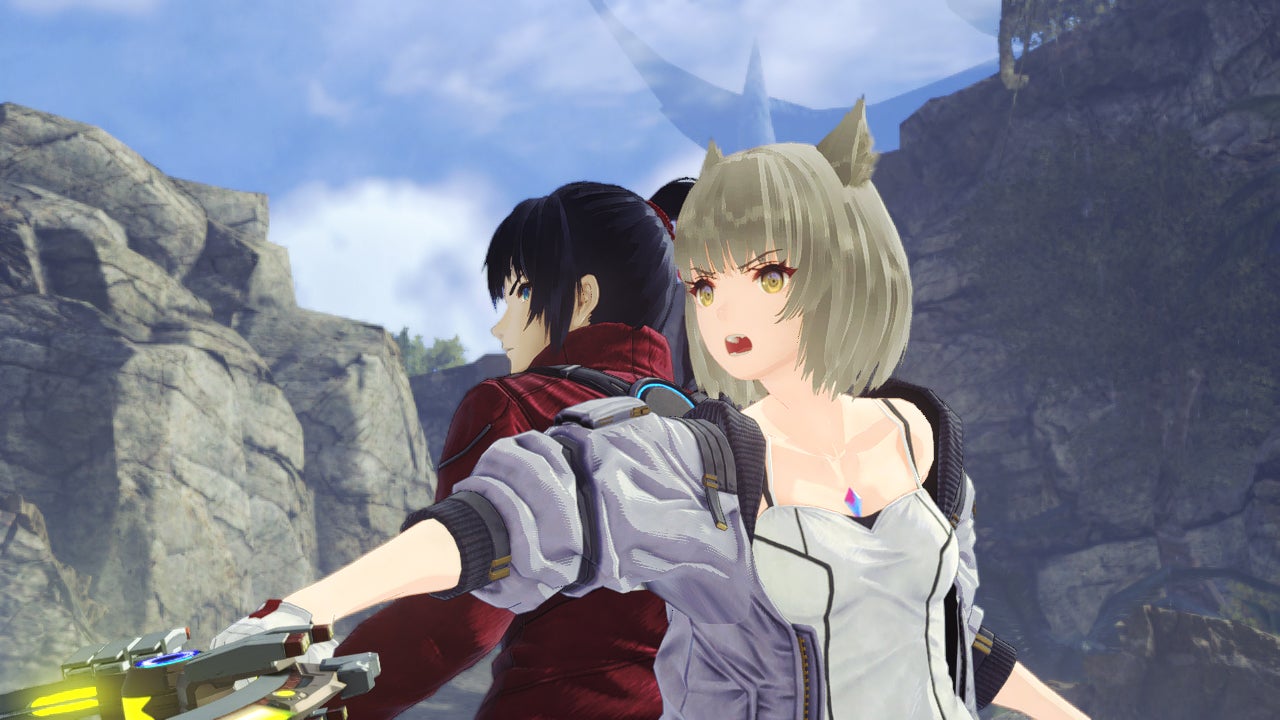 Noah and Mio stand back to back and prepare for battle in Xenoblade Chronicles 3.