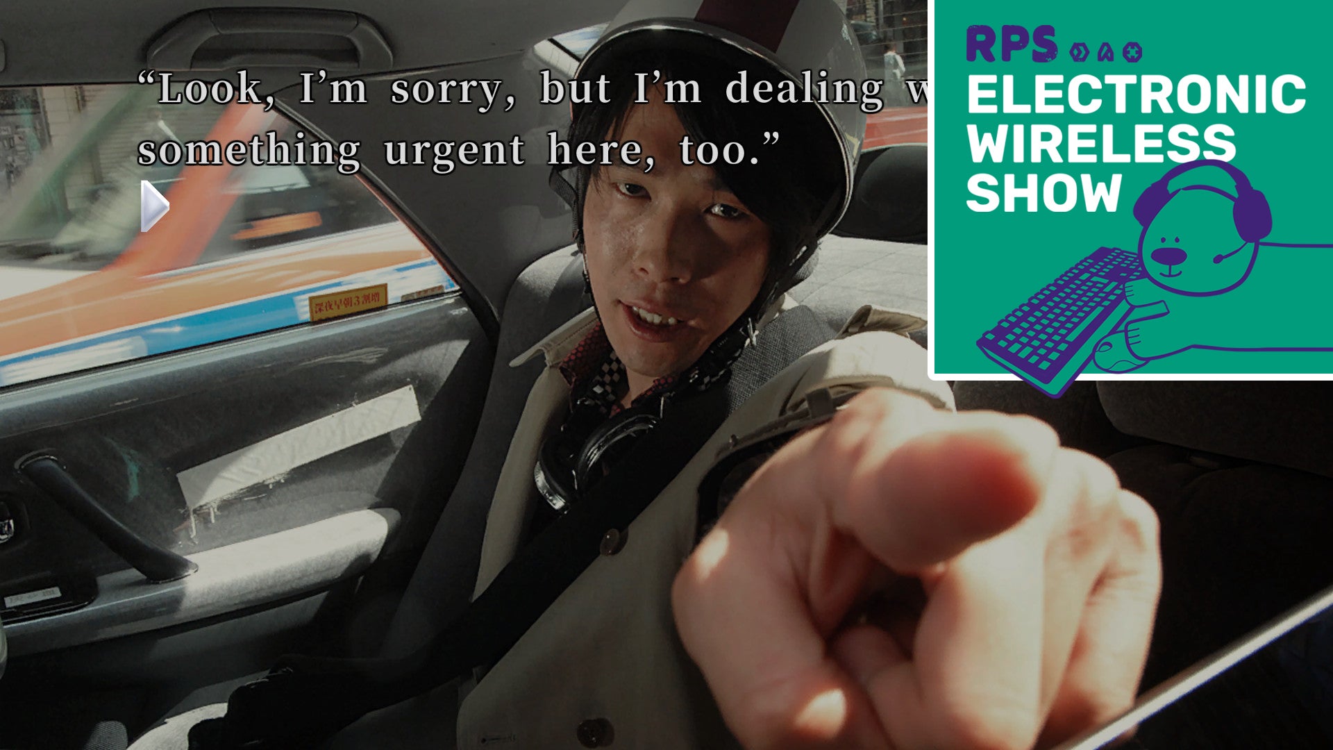 A man in the back of a car in 428 Shibuya Scramble, pointing at the player and saying 'Look, I'm sorry, but I'm dealing with something urgent here, too.' The EWS Podcast logo is in the top right corner